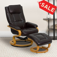 Flash Furniture Contemporary Brown Leather Recliner and Ottoman with Swiveling Maple Wood Base BT-7615-BN-CURV-GG